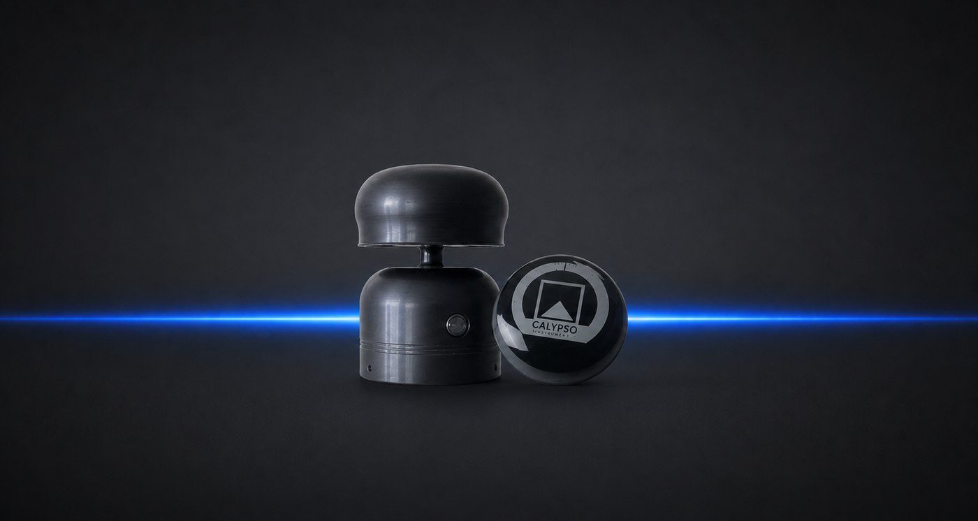 Gunship Grey LoRa wind unit with receiver puck on dark slate with a cobalt light streak