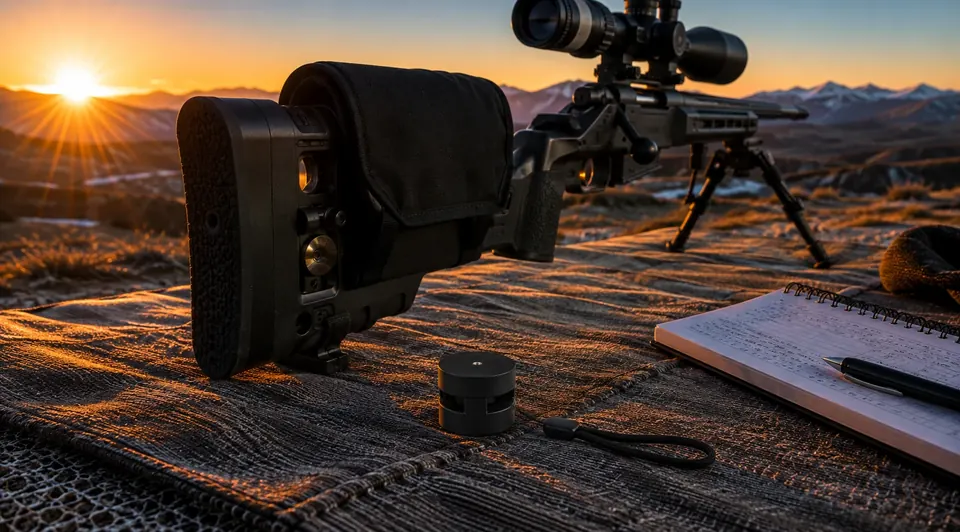 WeatherDot on a shooting mat beside a precision rifle at sunset