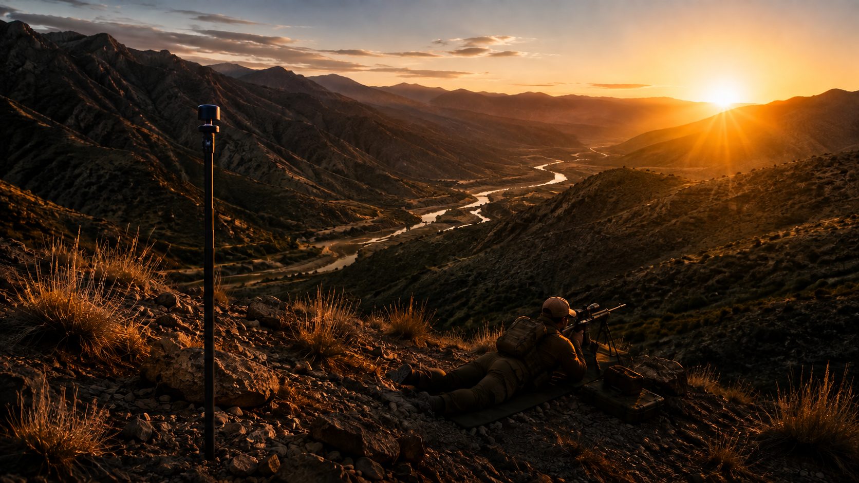 Portable Mini on a pole above a mountain valley at sunset, shooter prone downhill near a river bend