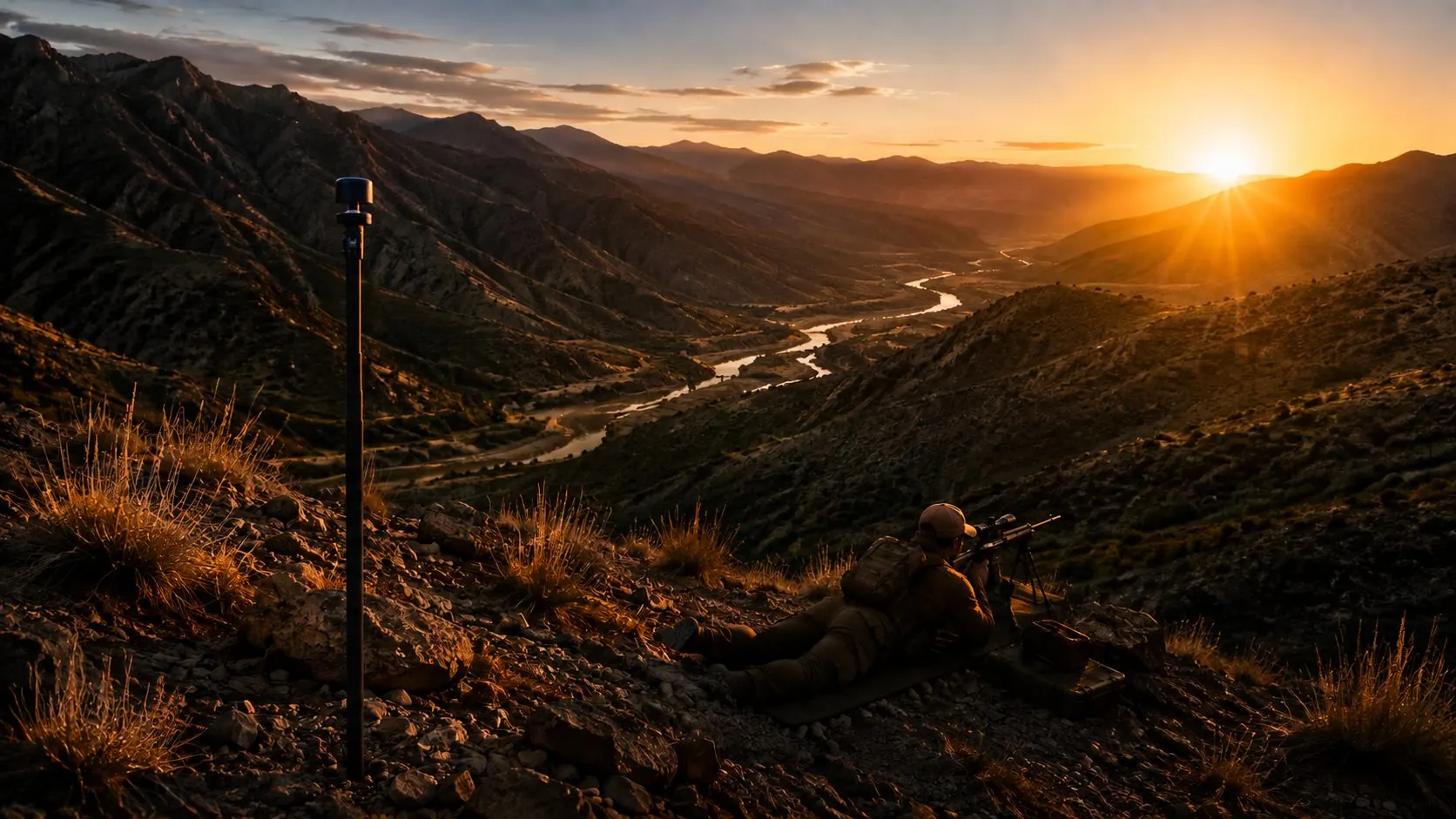 Portable Mini on a pole above a mountain valley at sunset, shooter prone downhill near a river bend